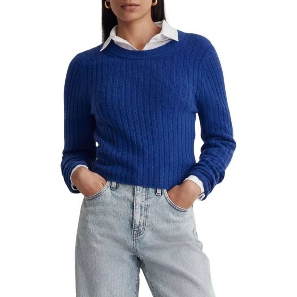 Madewell Readfield Pullover Sweater Voyage Blue Ribbed Knit Wool Blend Size M